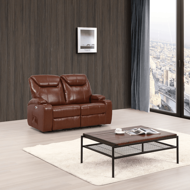 Brown leather sofa in a living room with a coffee table and city view.