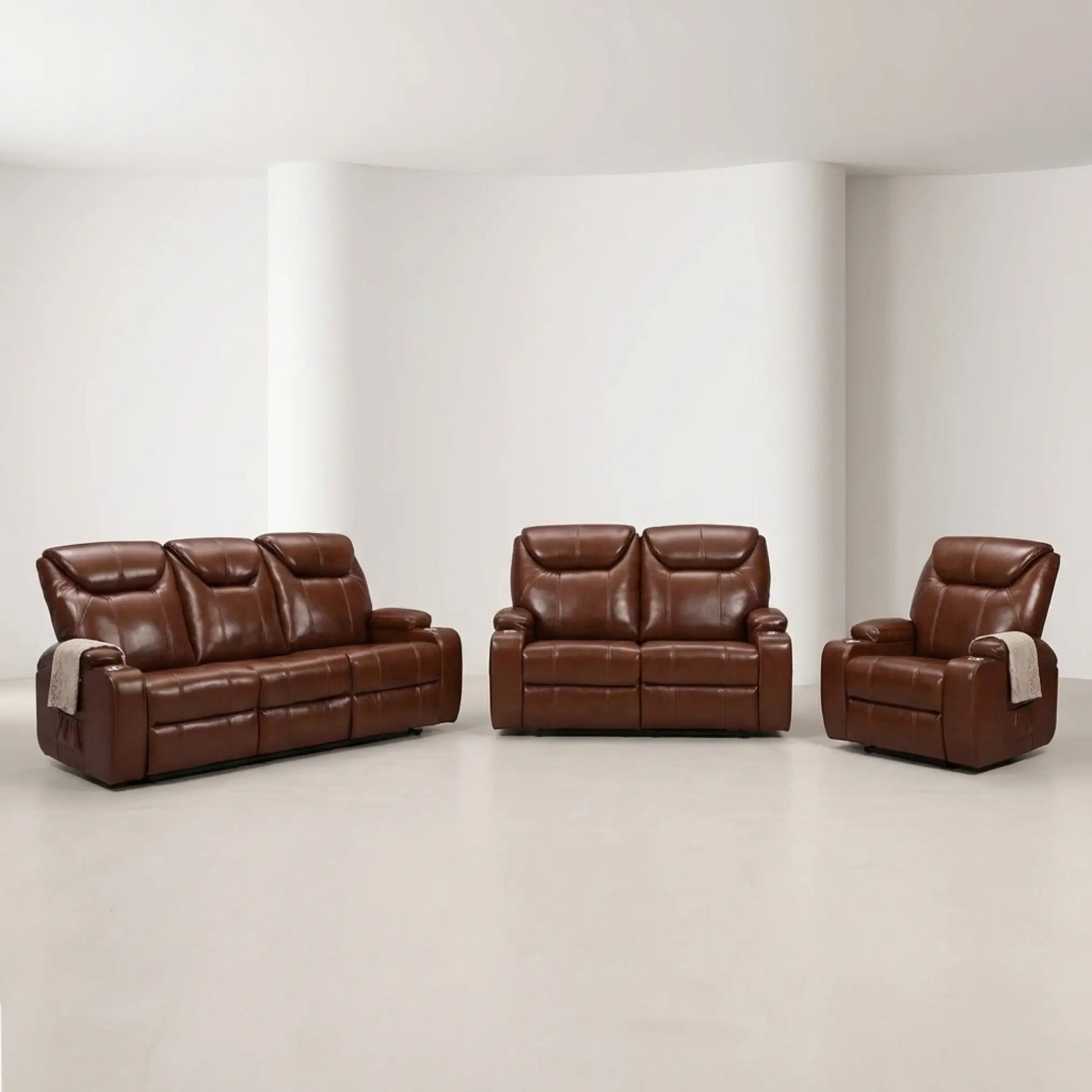 Cinema Tan Electric Leather 3+2+1 Seater Recliner Sofa Set With Two Cup Holders - Furniture Instore