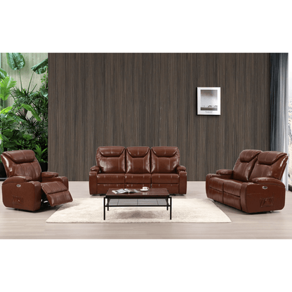 Brown leather sofa set with recliners in a living room setting.
