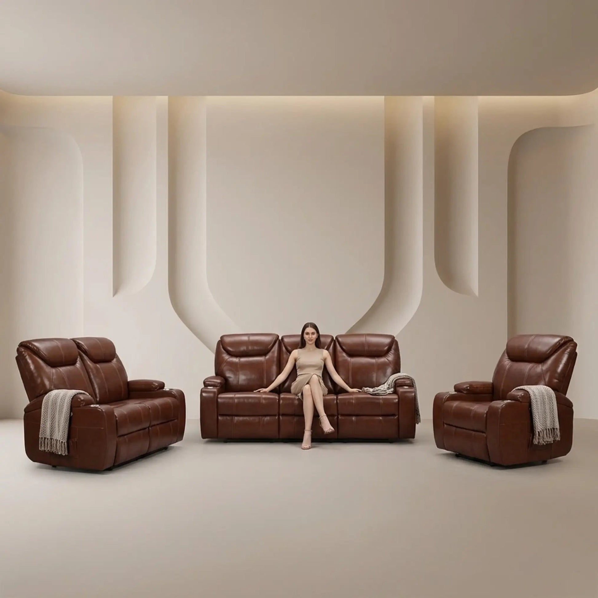 Cinema Tan Electric Leather 3+2+1 Seater Recliner Sofa Set With Two Cup Holders - Furniture Instore