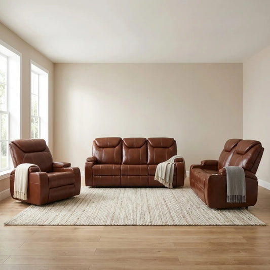 Cinema Tan Electric Leather 3+2+1 Seater Recliner Sofa Set With Two Cup Holders - Furniture Instore