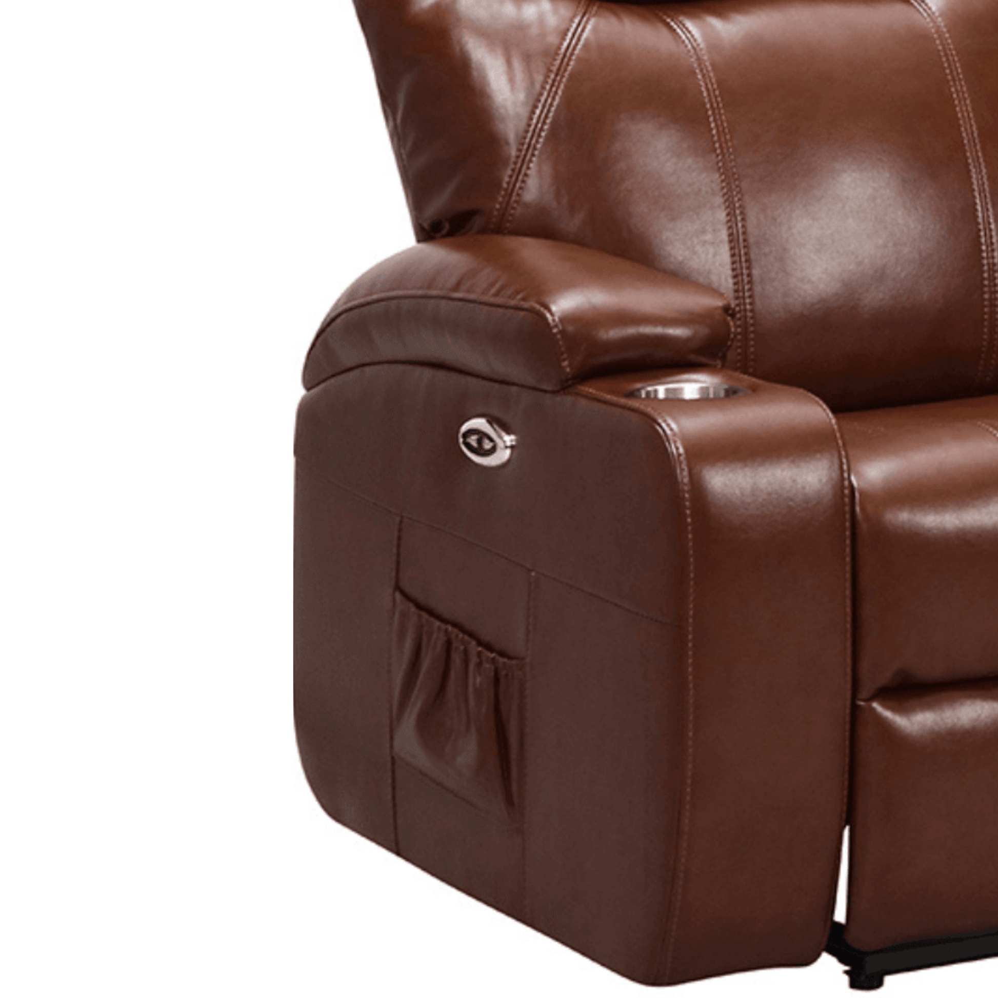 Brown leather recliner chair with cup holder on a white background