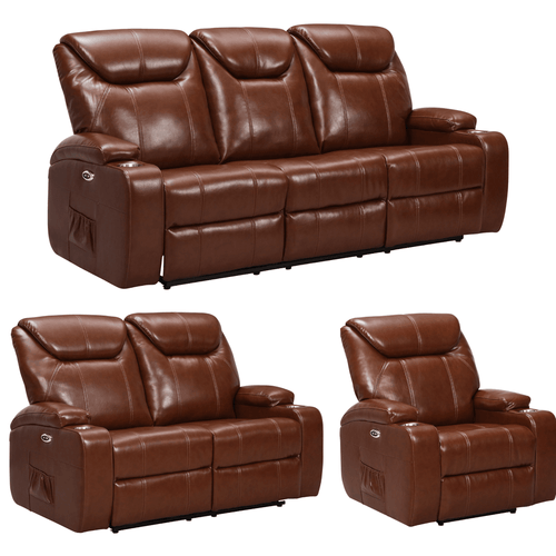 Cinema Tan Electric Leather 3+2+1 Seater Recliner Sofa Set With Two Cup Holders