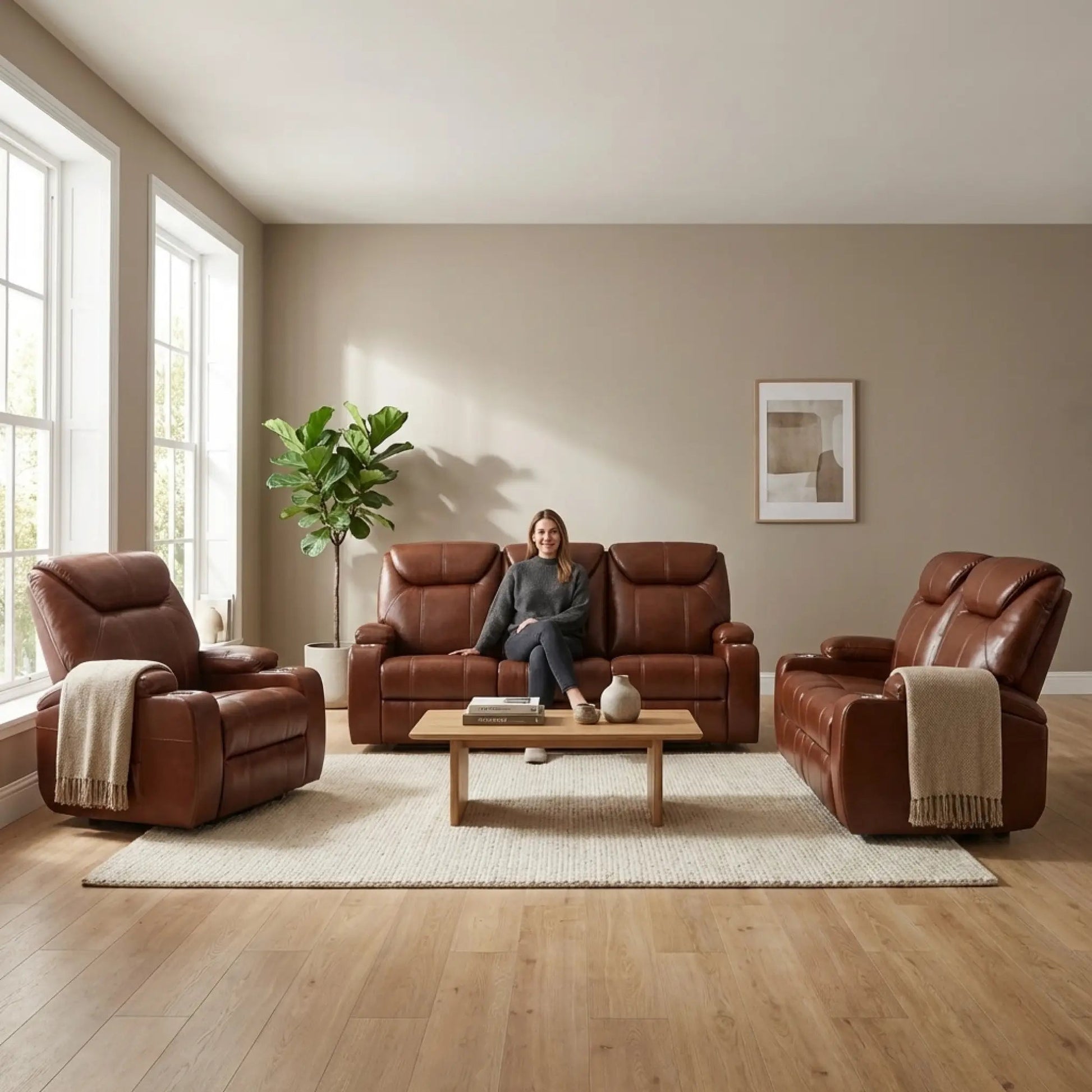 Cinema Tan Electric Leather 3+2+1 Seater Recliner Sofa Set With Two Cup Holders - Furniture Instore