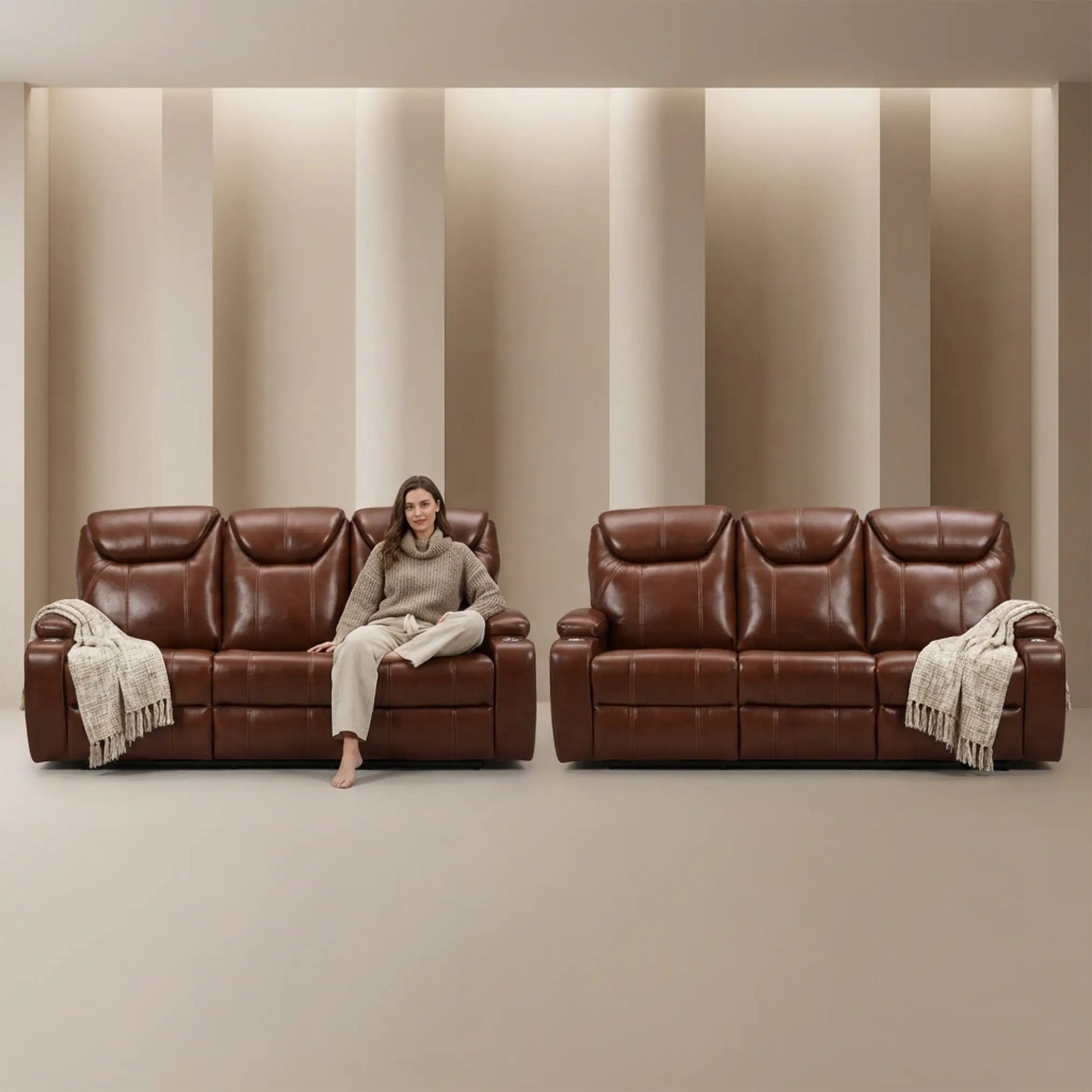 Cinema Tan Electric Leather 3+3 Seater Recliner Sofa Set With Two Cup Holders - Furniture Instore