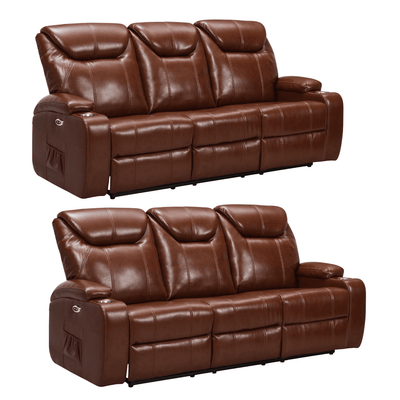 Cinema Tan Electric Leather 3+3 Seater Recliner Sofa Set With Two Cup Holders