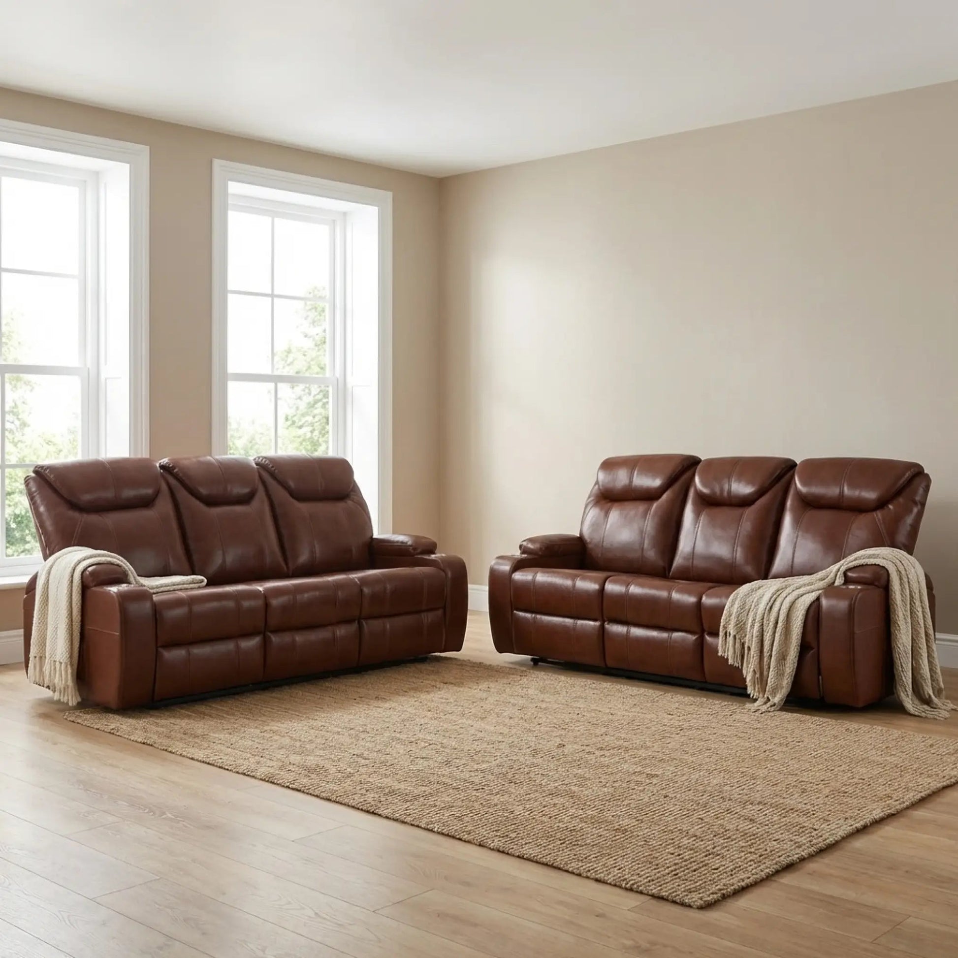 Cinema Tan Electric Leather 3+3 Seater Recliner Sofa Set With Two Cup Holders - Furniture Instore