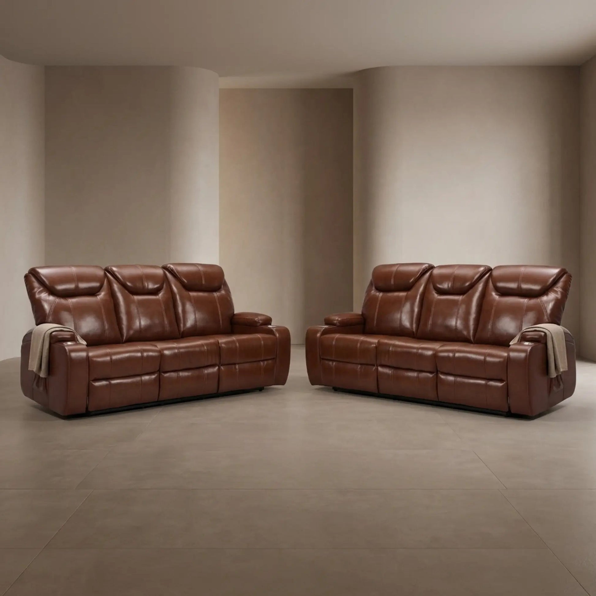 Cinema Tan Electric Leather 3+3 Seater Recliner Sofa Set With Two Cup Holders - Furniture Instore