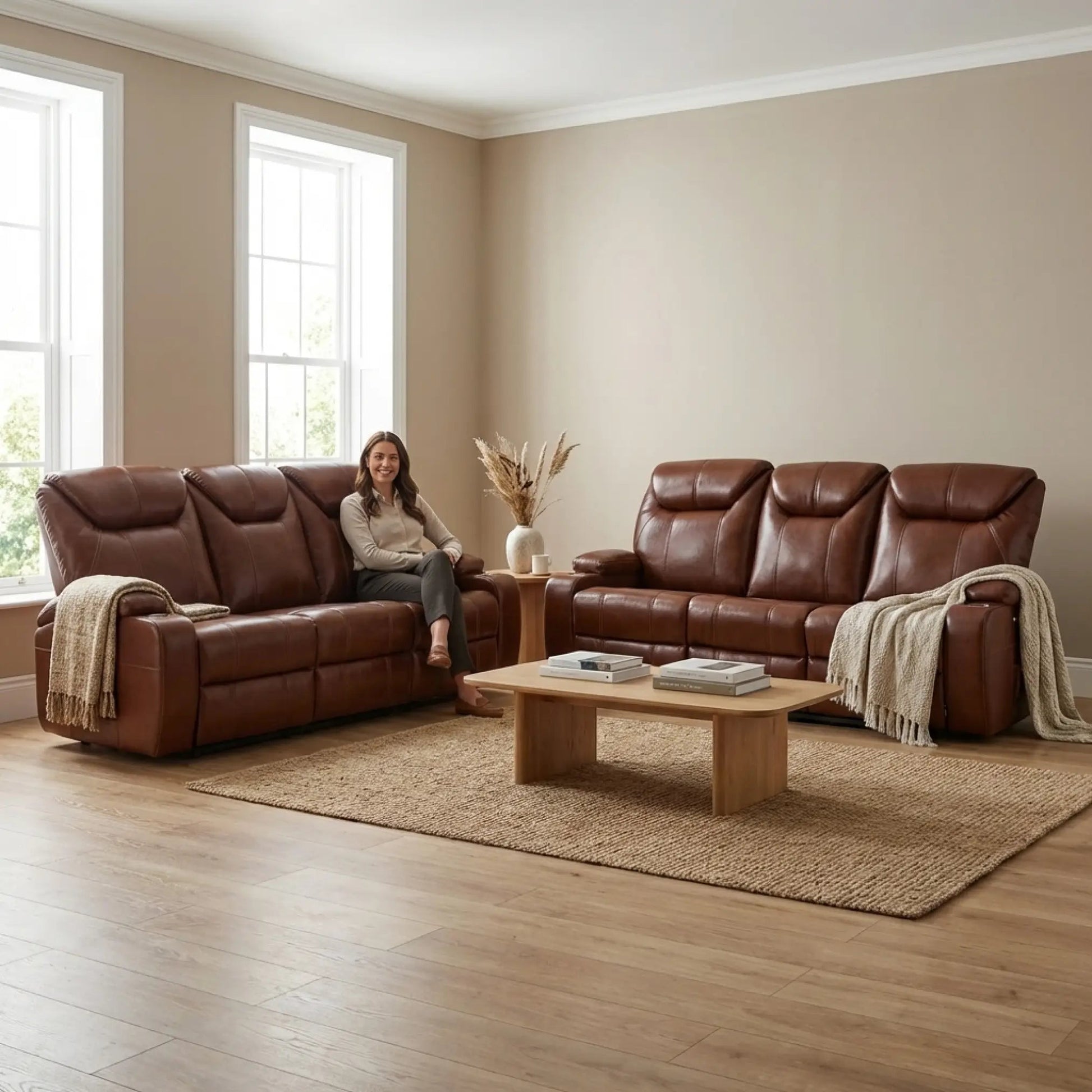 Cinema Tan Electric Leather 3+3 Seater Recliner Sofa Set With Two Cup Holders - Furniture Instore
