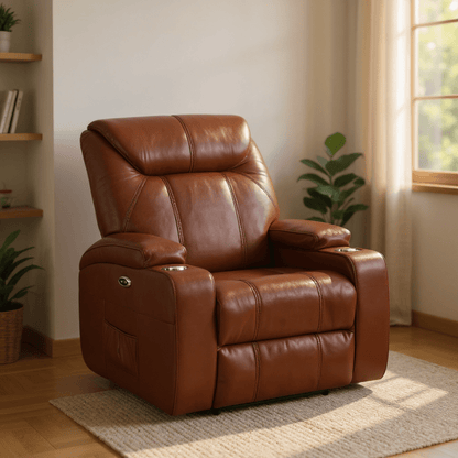 Cinema Tan Electric Leather 3+2+1 Seater Recliner Sofa Set With Two Cup Holders - Furniture Instore