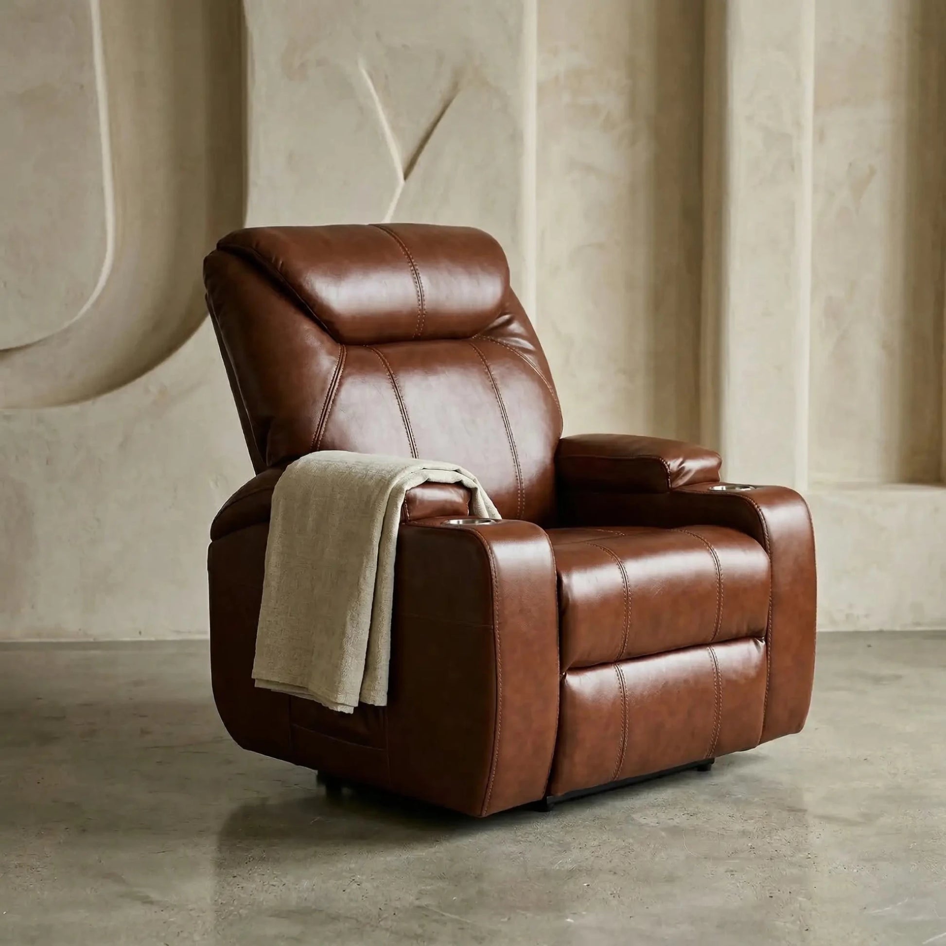 Cinema Tan Electric Leather Recliner Armchair With Two Cup Holders - Furniture Instore