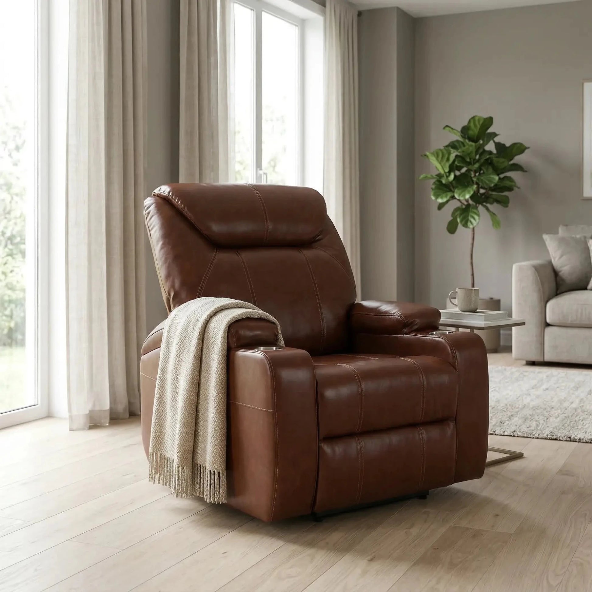 Cinema Tan Electric Leather Recliner Armchair With Two Cup Holders - Furniture Instore