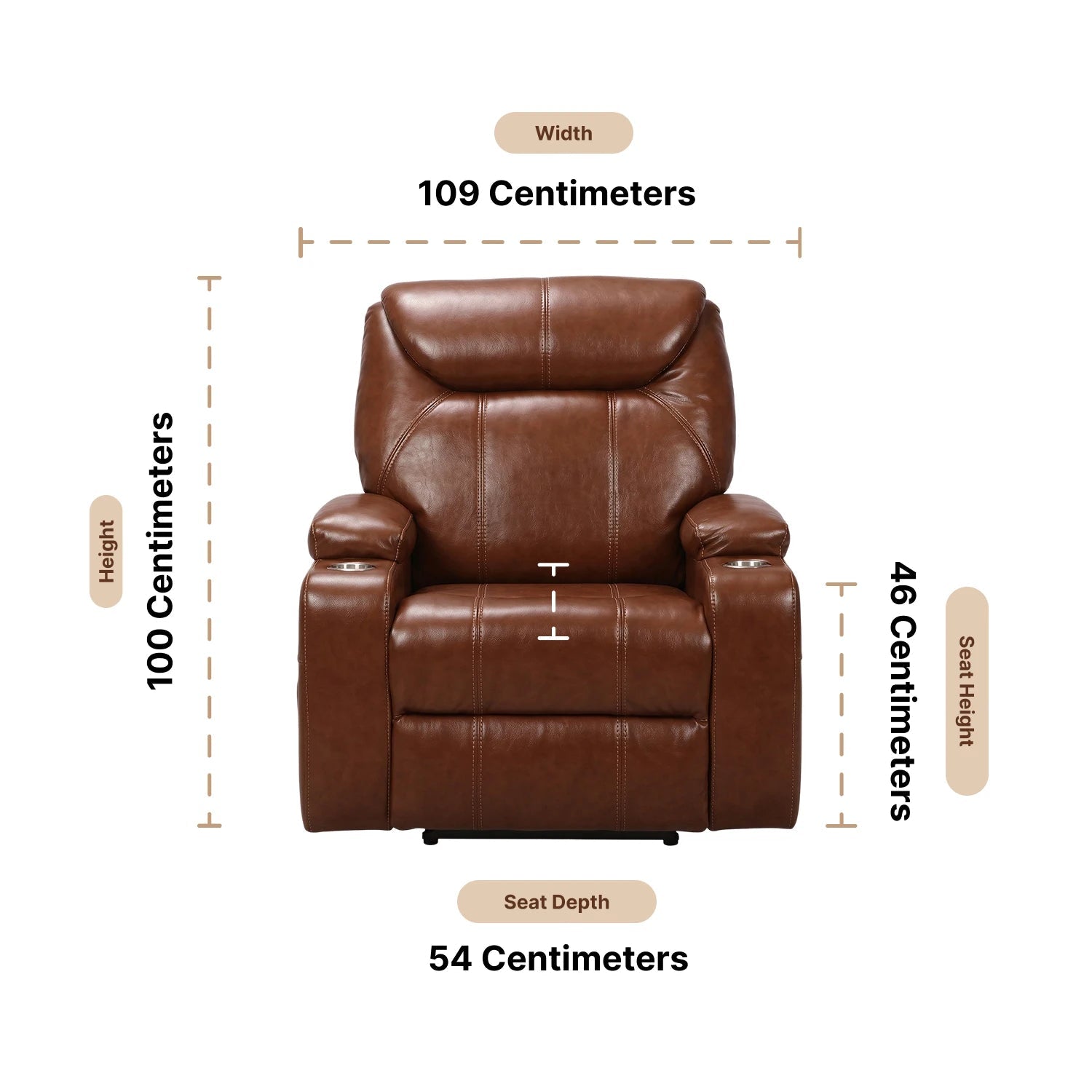 Cinema Tan Electric Leather Recliner Armchair With Two Cup Holders  Dimensions