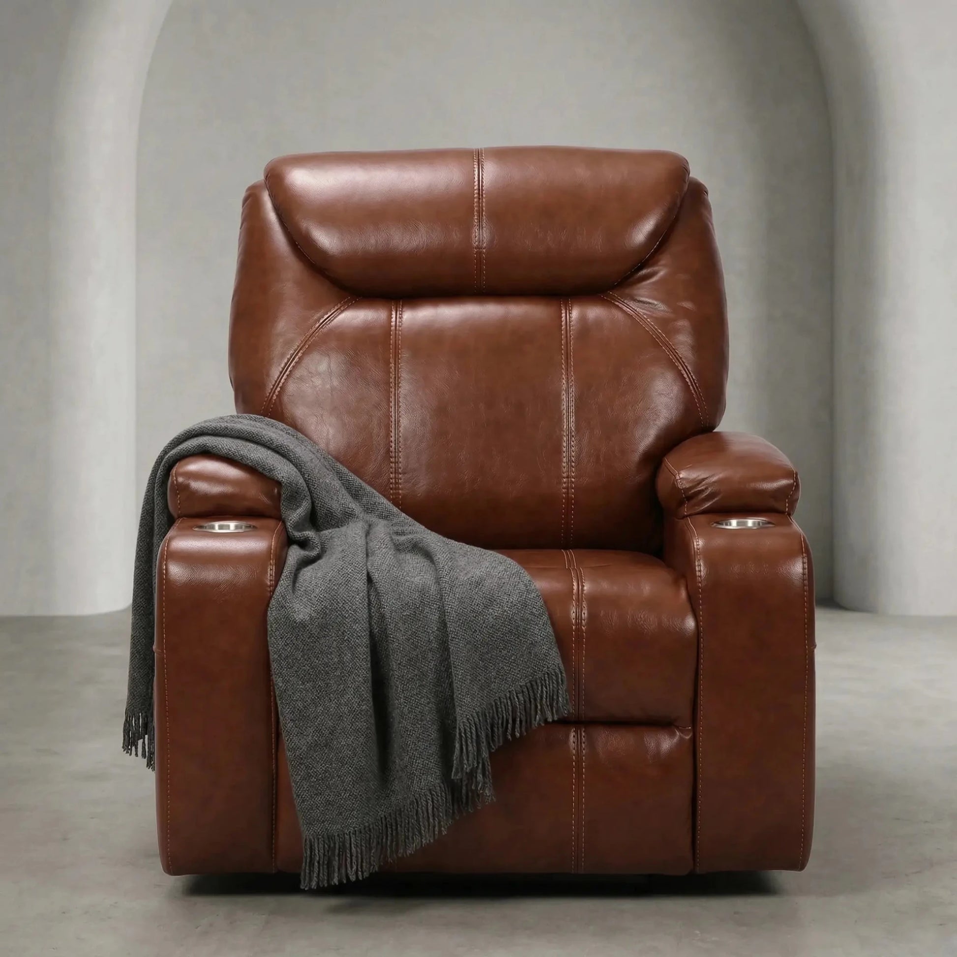 Cinema Tan Electric Leather Recliner Armchair With Two Cup Holders - Furniture Instore