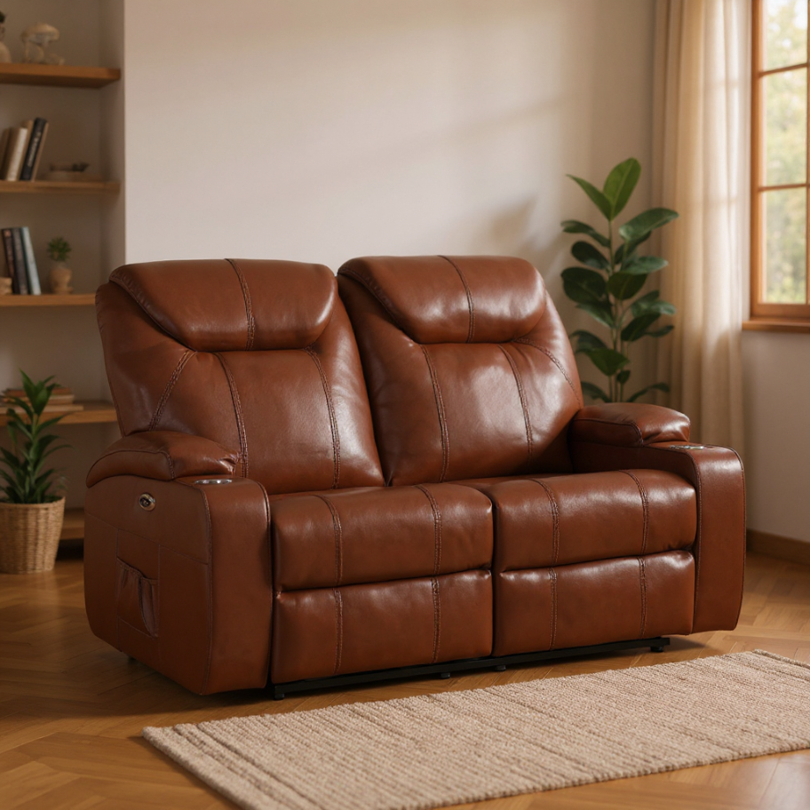 Premium brown leather 2 seater recliner sofa with plush seating in a stylish modern living room interior