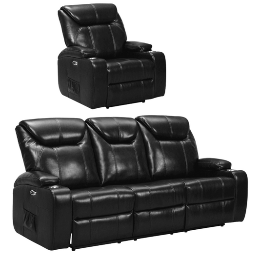 Cinema Black Electric 3+1 Seater Leather Recliner Sofa Set With Two Cup Holders