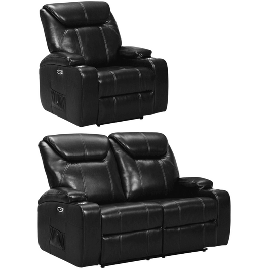 Cinema Black Electric 2+1 Seater Leather Recliner Sofa Set  With Two Cup Holders