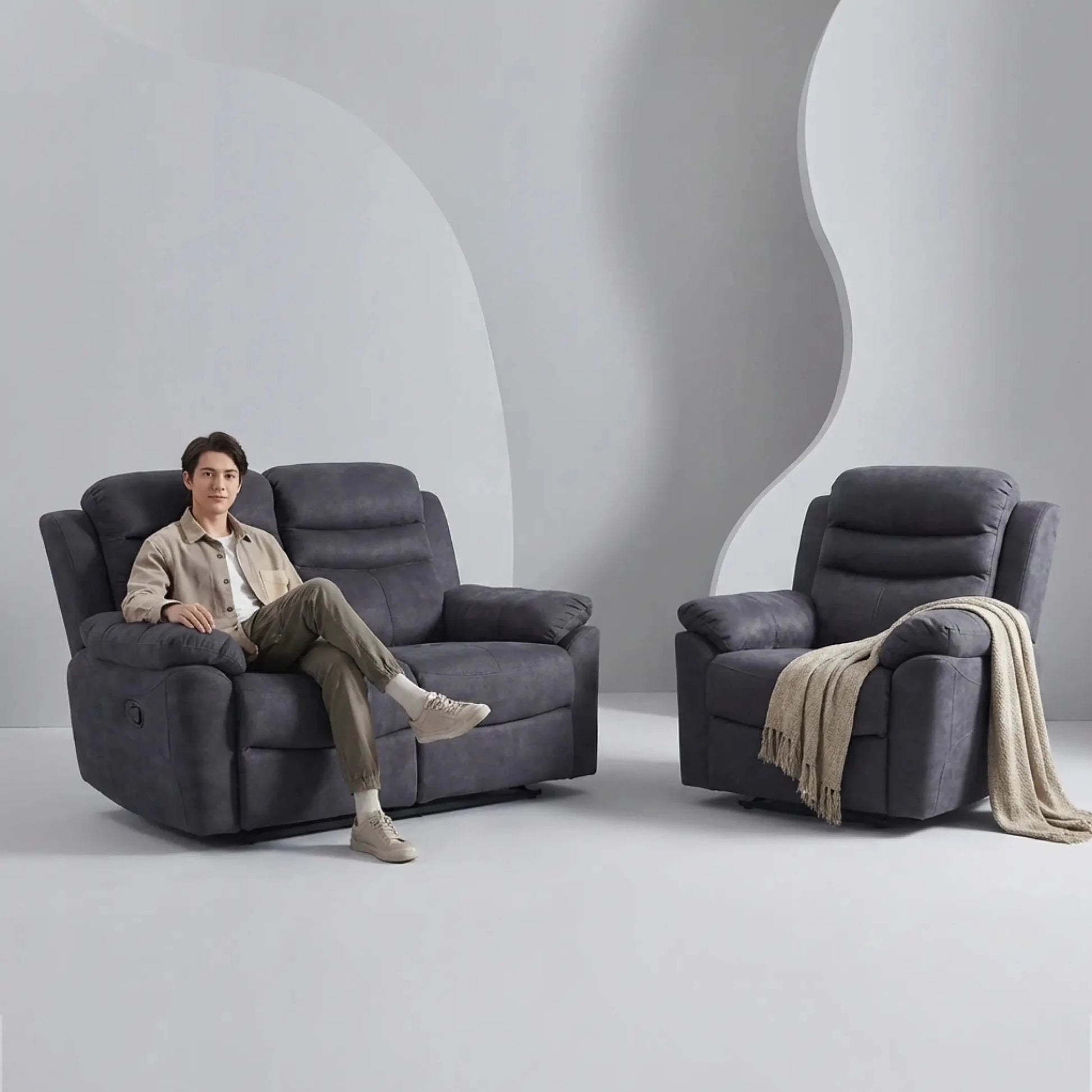 Conway Grey Fabric Manual Recliner 2+1 Seater Sofa Set - Furniture Instore