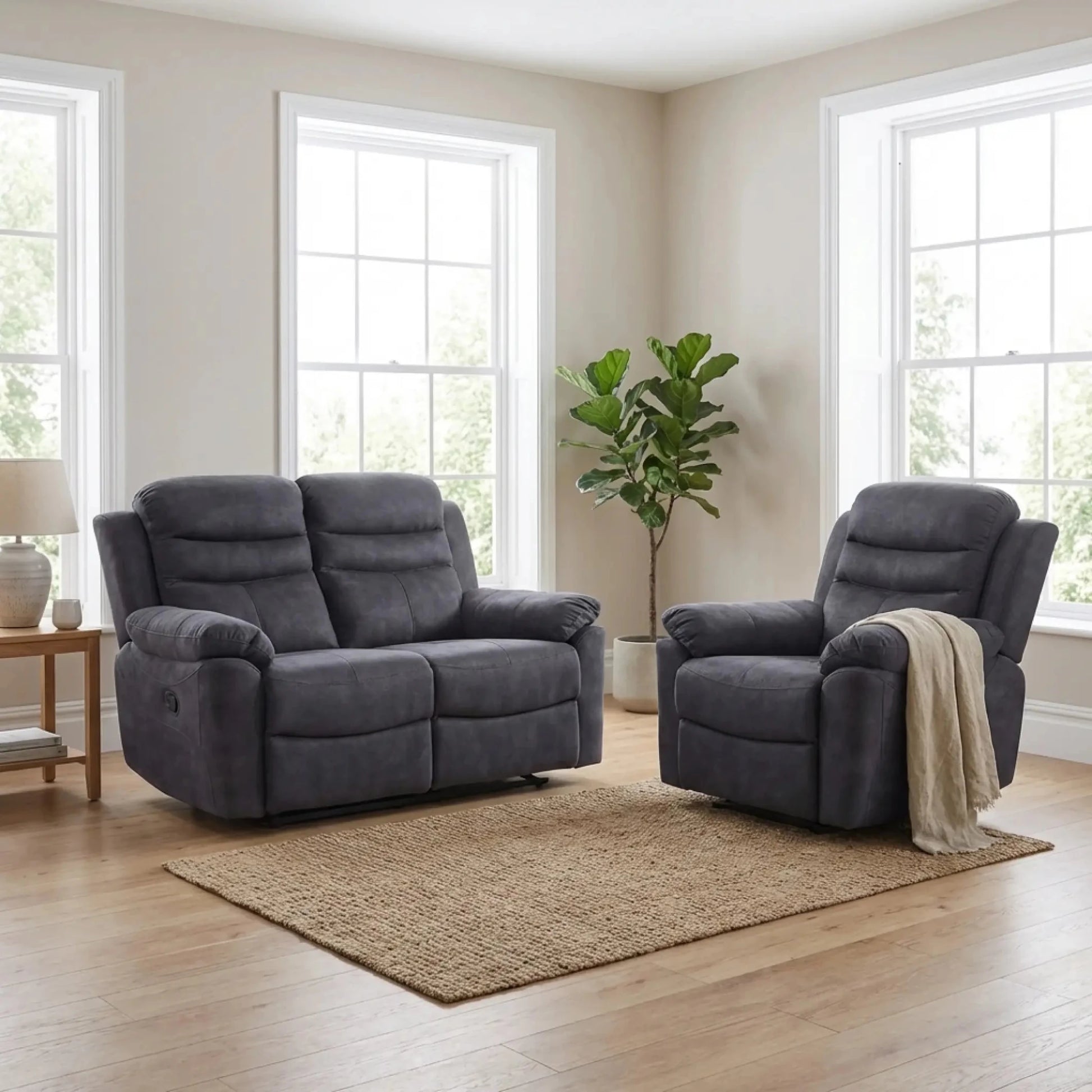 Conway Grey Fabric Manual Recliner 2+1 Seater Sofa Set - Furniture Instore