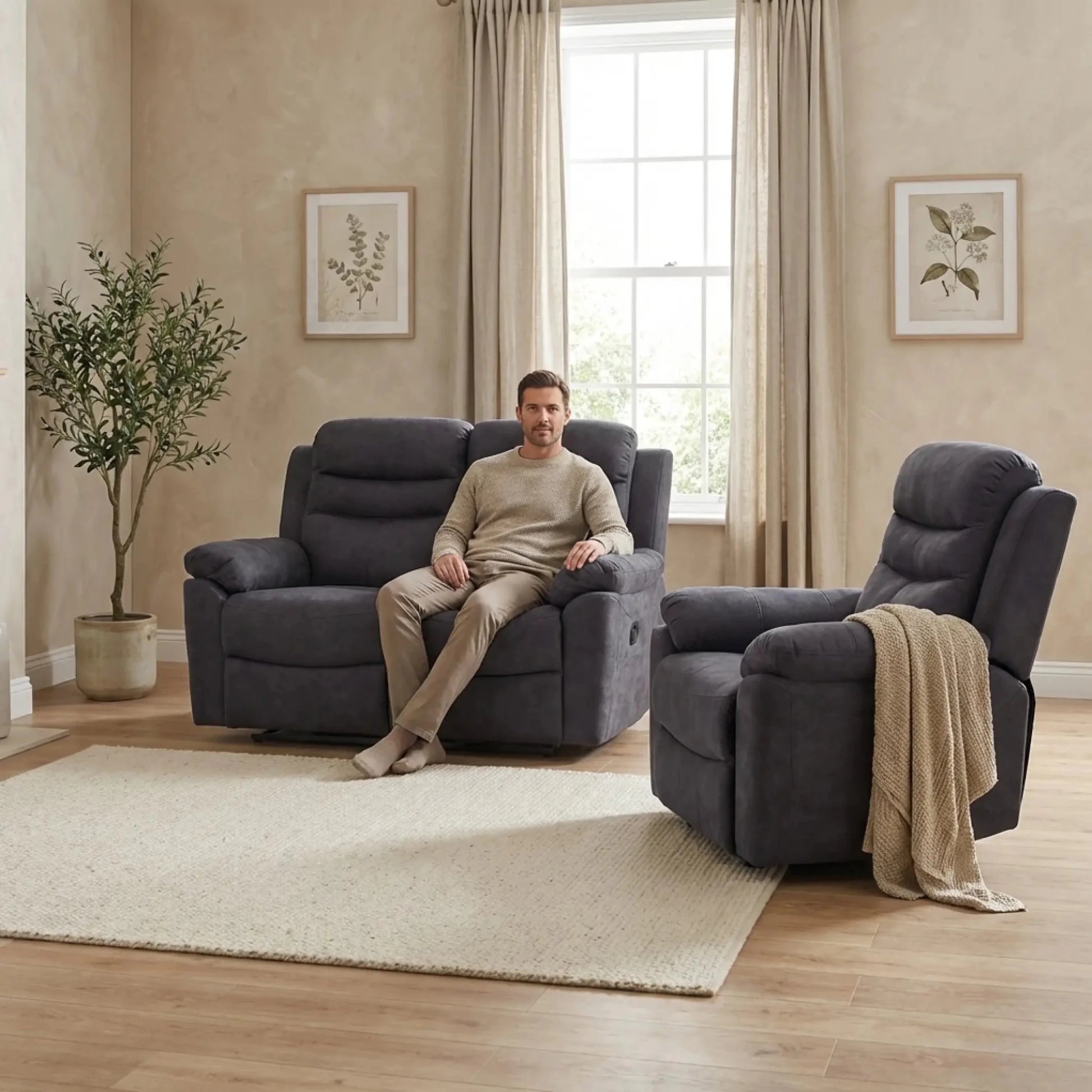 Conway Grey Fabric Manual Recliner 2+1 Seater Sofa Set - Furniture Instore