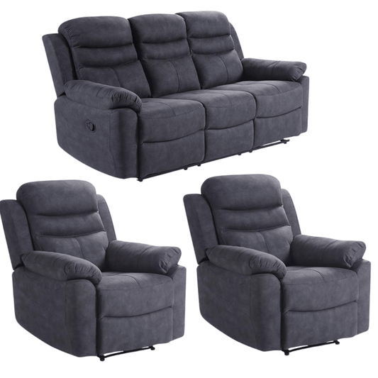 Gray reclining sofa set with two armchairs on a white background