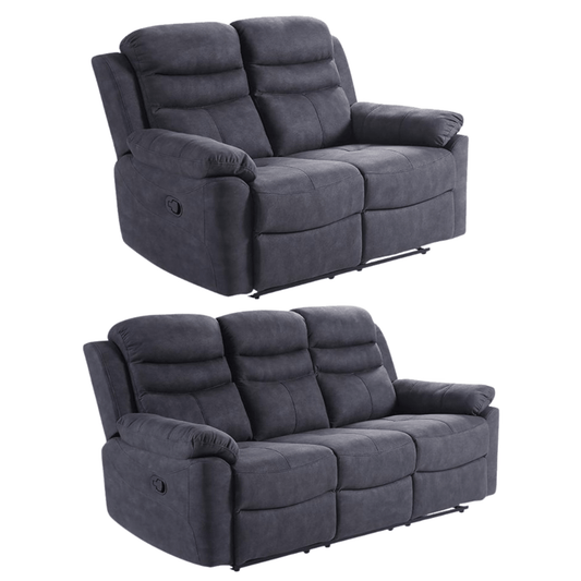 Two grey reclining sofas on a white background