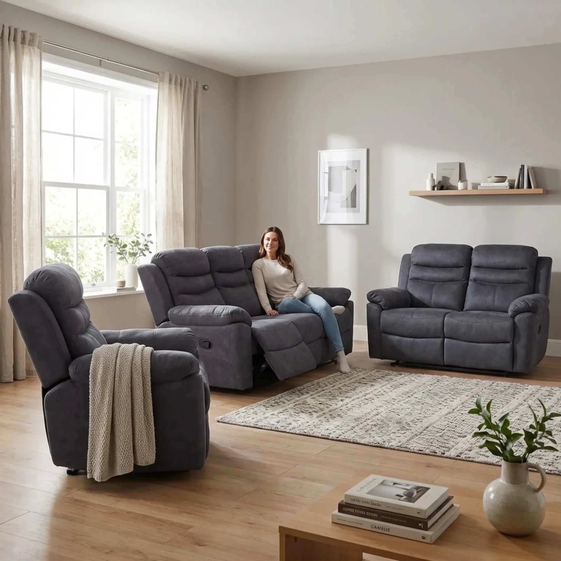 Conway Grey Fabric Manual Recliner 3+2+1 Seater Sofa Set - Furniture Instore