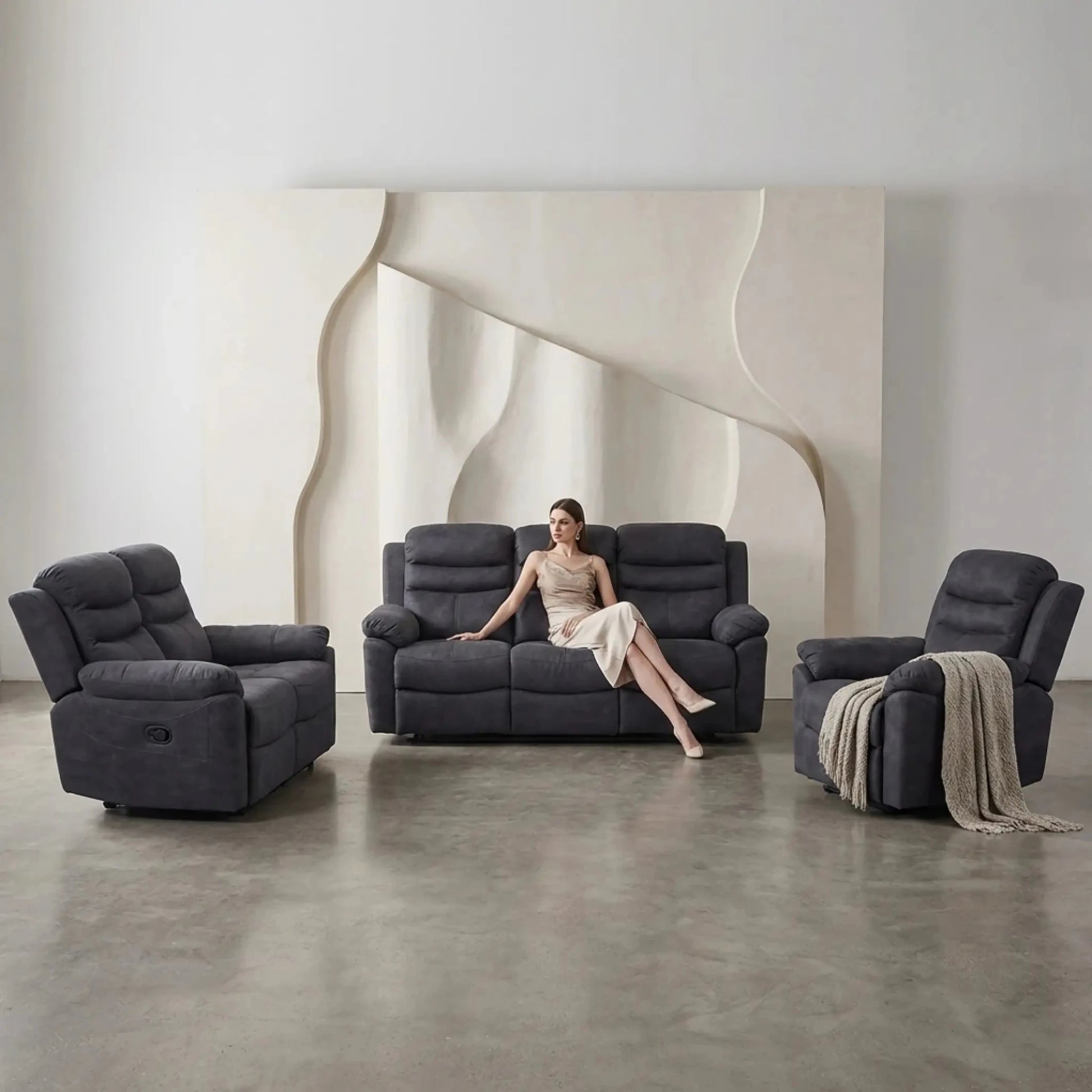 Conway Grey Fabric Manual Recliner 3+2+1 Seater Sofa Set - Furniture Instore