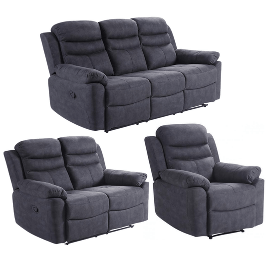 Set of grey reclining sofa and chairs on a white background