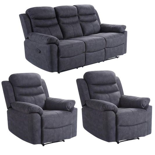 Grey suede fabric recliner sofa set – 3+1+1 configuration with three seater and two single seater armchairs on white background, modern fabric recliner living room furniture