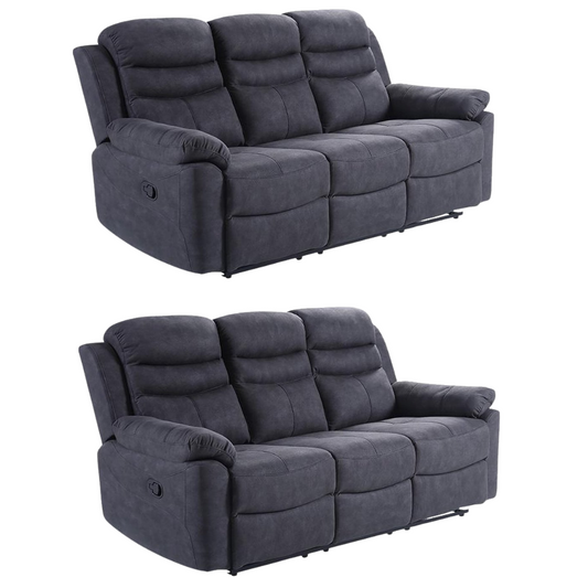 Grey suede fabric recliner sofa set – 3+3 configuration with two x three seaters on white background, modern fabric recliner living room furniture