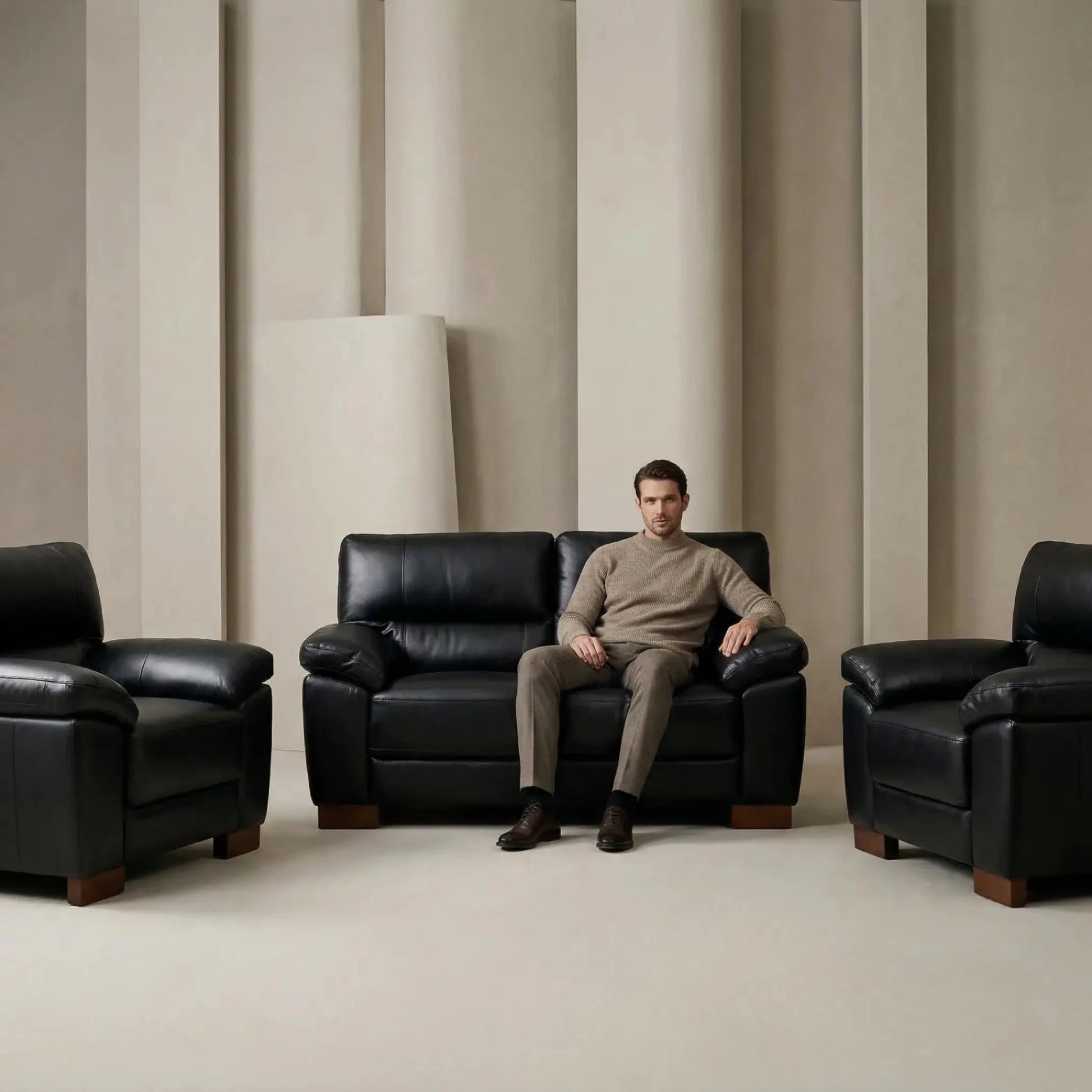 Dalmore Genuine Leather Black 2+1+1 Seater Sofa Set - Furniture Instore