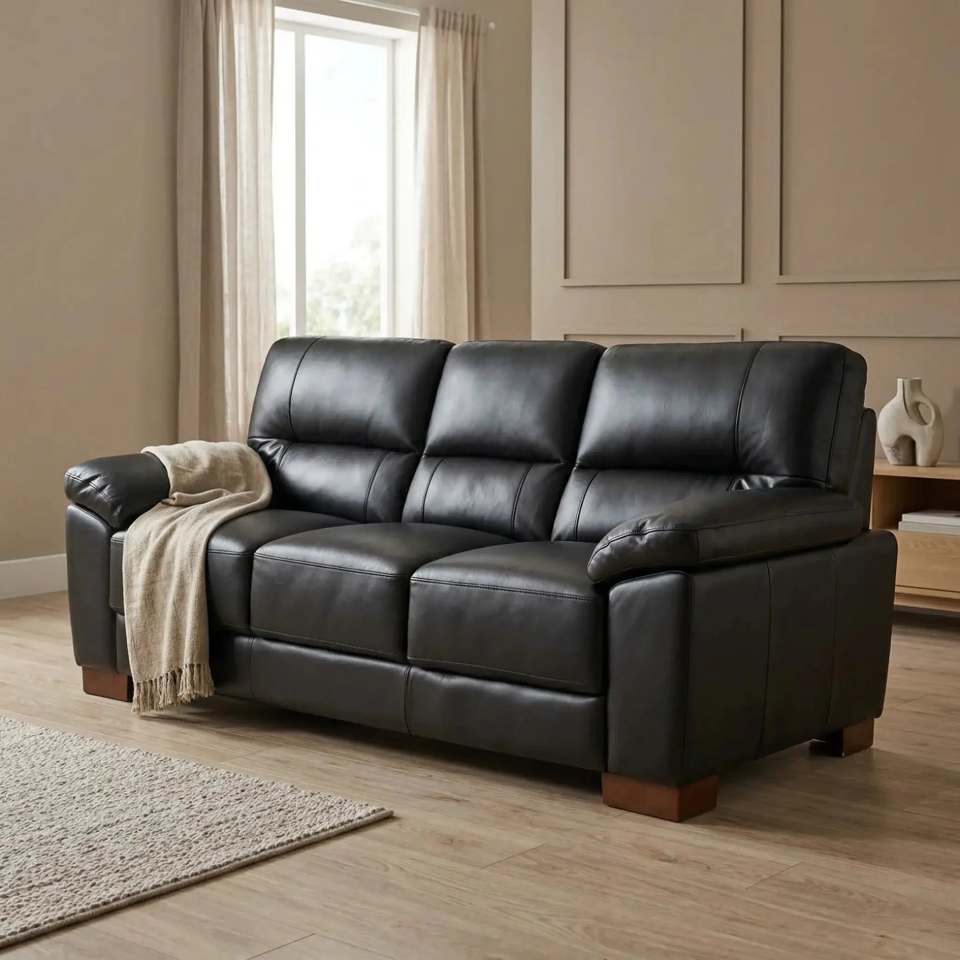 Dalmore Genuine Leather Black 3 Seater Sofa - Furniture Instore