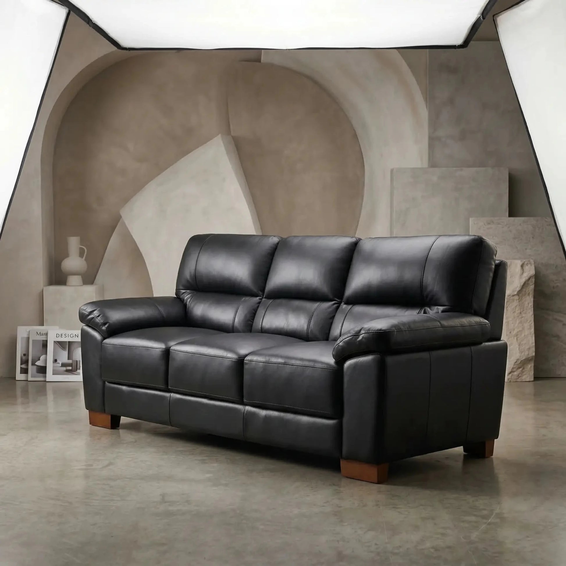 Dalmore Genuine Leather Black 3 Seater Sofa - Furniture Instore