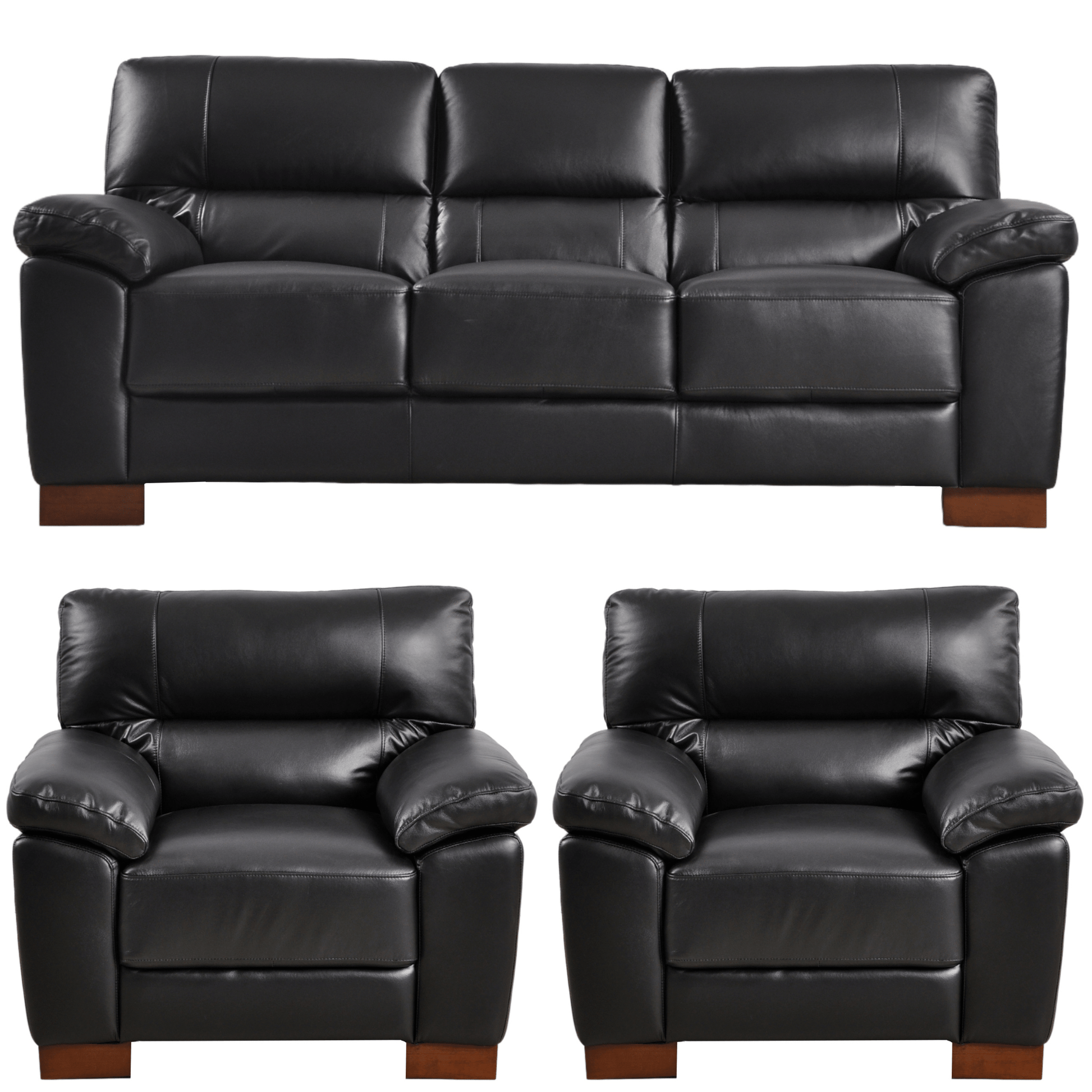 Dalmore Black 3+1+1 Sofa Combo – Modern black fabric set with 3-seater sofa and two armchairs on white background.