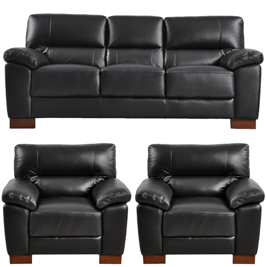 Dalmore Black 3+1+1 Sofa Combo – Modern black fabric set with 3-seater sofa and two armchairs on white background.