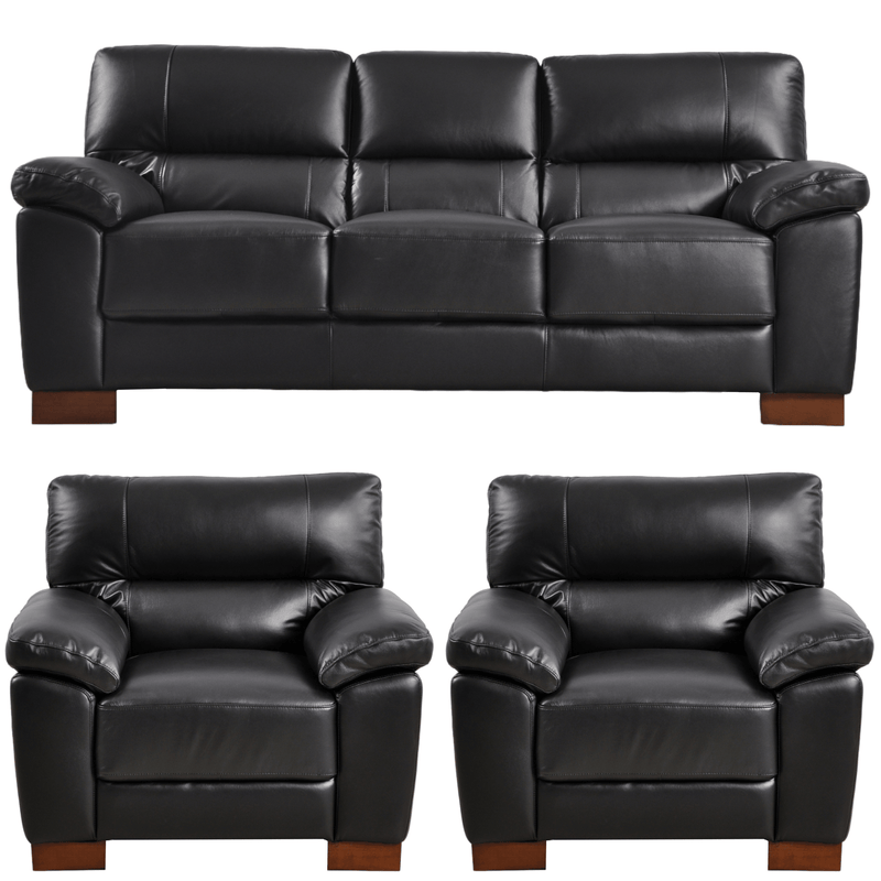 Dalmore Black 3+1+1 Sofa Combo – Modern black fabric set with 3-seater sofa and two armchairs on white background.
