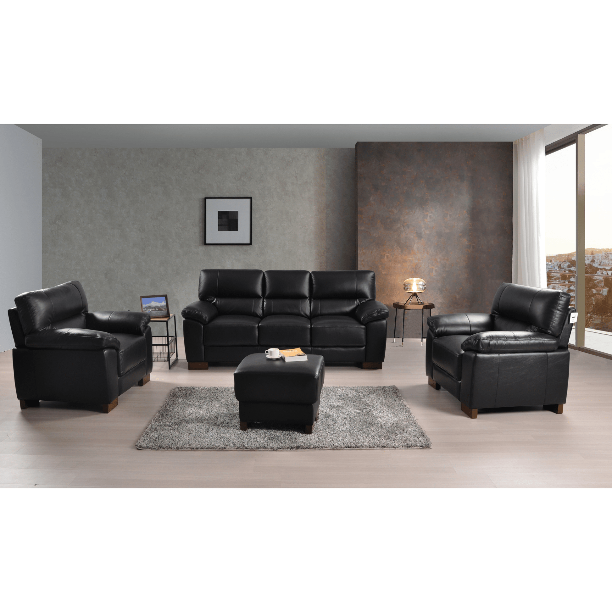 Dalmore Black 3+1+1 Sofa Combo – Stylish black fabric set with 3-seater sofa and two armchairs in a cozy room setting.