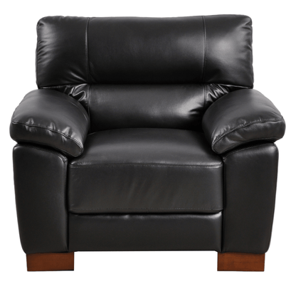 Dalmore Black Armchair – Front-facing view on white background, featuring sleek design and soft black upholstery.
