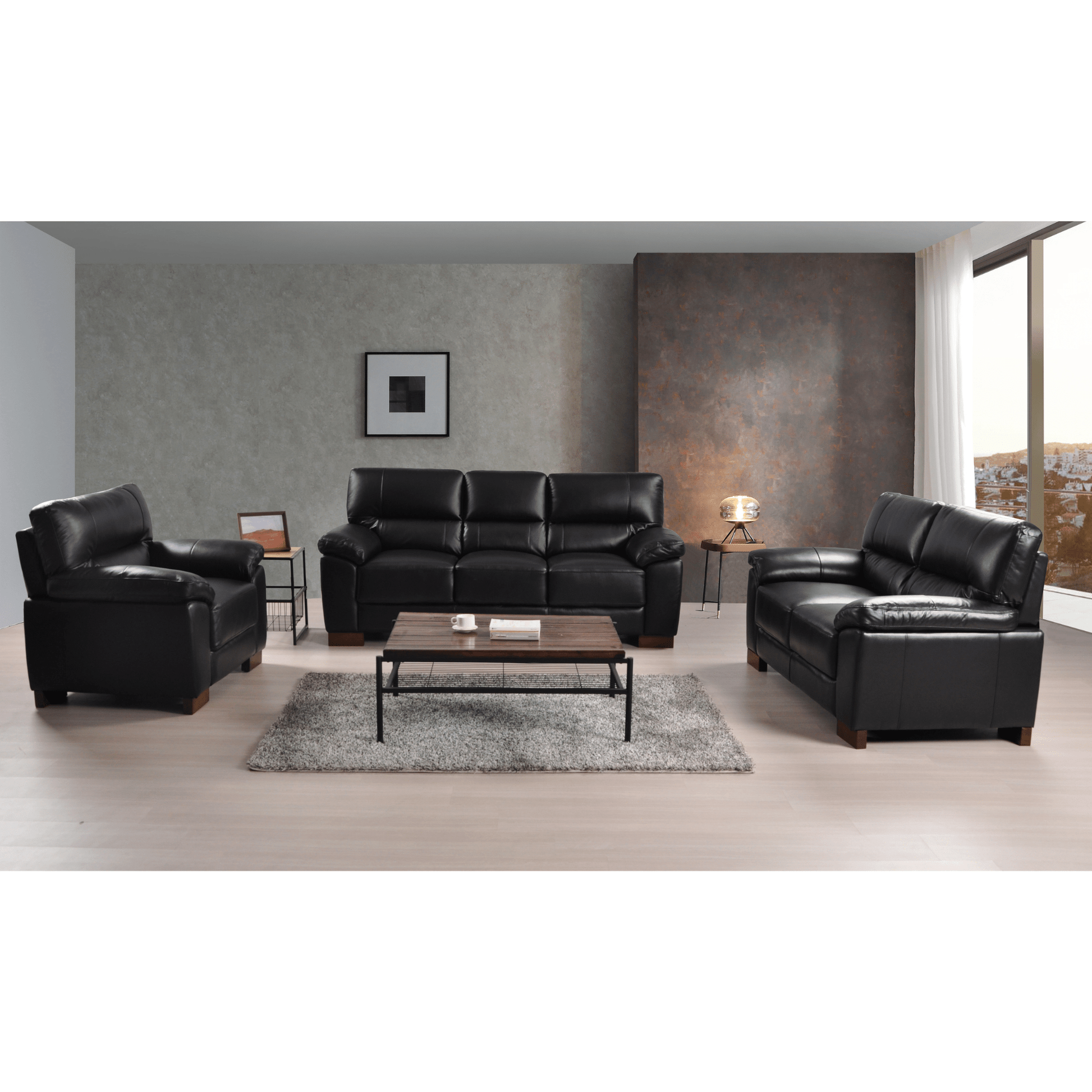 Dalmore Black 3+2+1 Sofa Combo – Stylish black fabric set with 3-seater, 2-seater, and armchair in a cozy room setting.