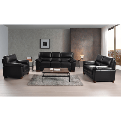 Dalmore Black 3+2+1 Sofa Combo – Stylish black fabric set with 3-seater, 2-seater, and armchair in a cozy room setting.