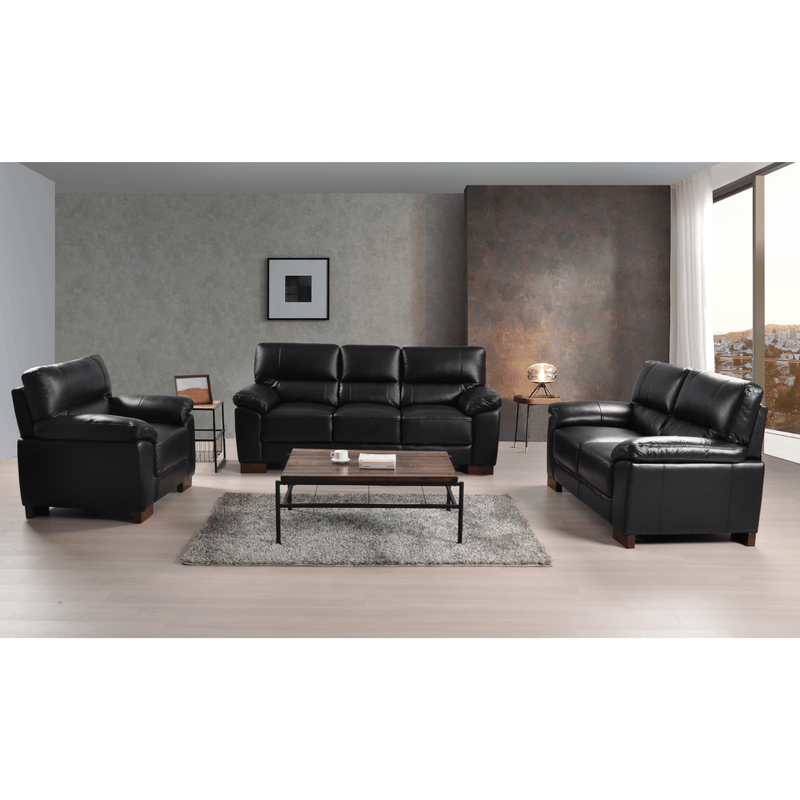 Dalmore Black 3+2+1 Sofa Combo – Stylish black fabric set with 3-seater, 2-seater, and armchair in a cozy room setting.