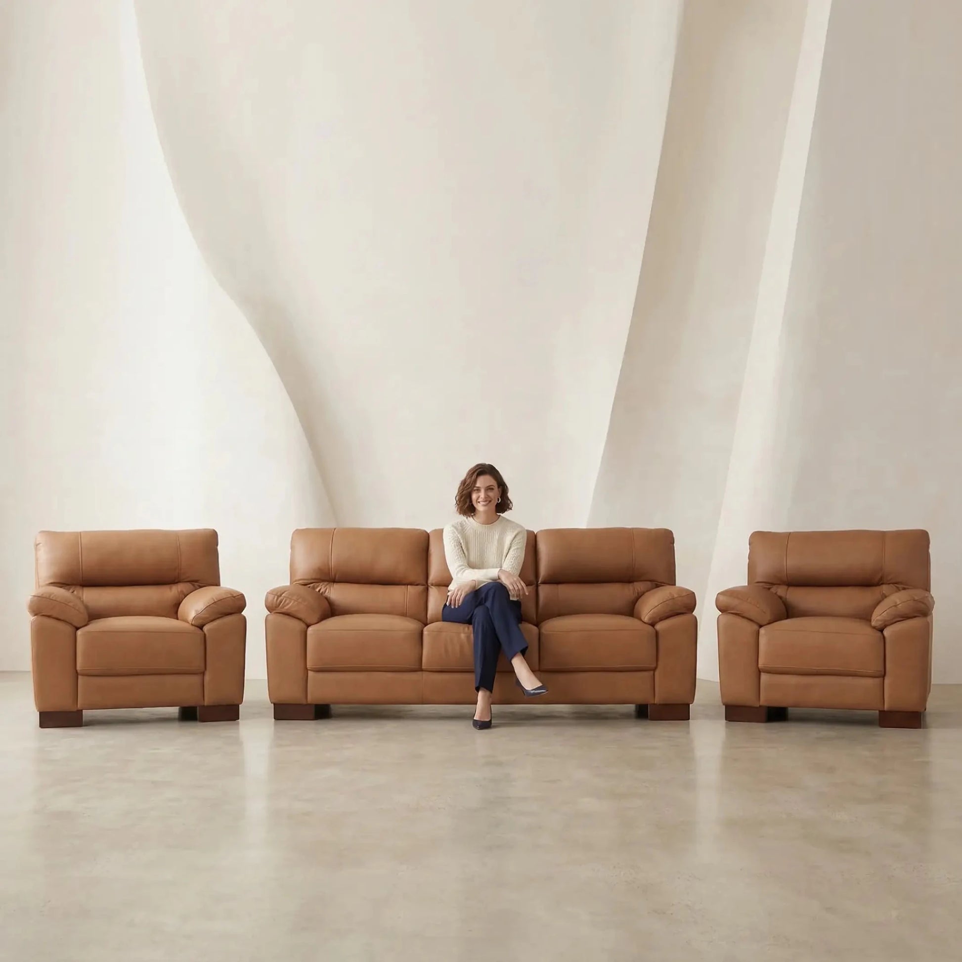 Dalmore Genuine Leather Caramel 3+1+1 Seater Sofa Set - Furniture Instore