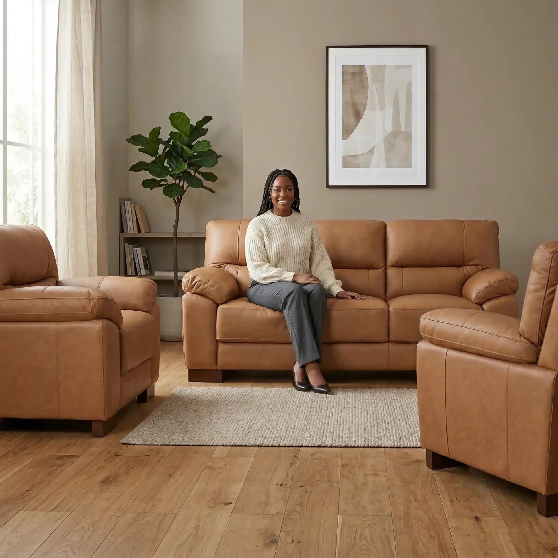 Dalmore Genuine Leather Caramel 3+1+1 Seater Sofa Set - Furniture Instore