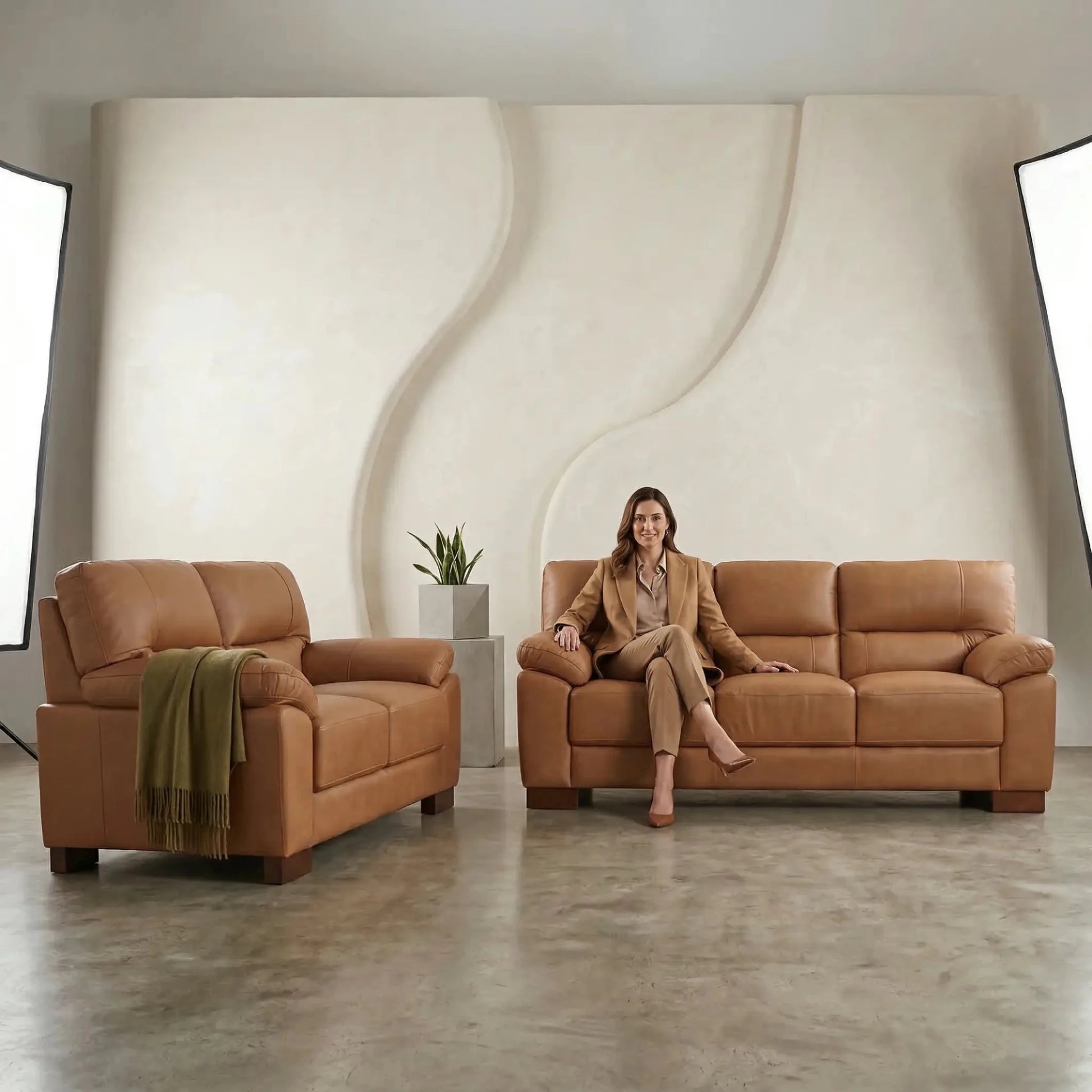 Dalmore Genuine Leather Caramel 3+2 Seater Sofa Set - Furniture Instore