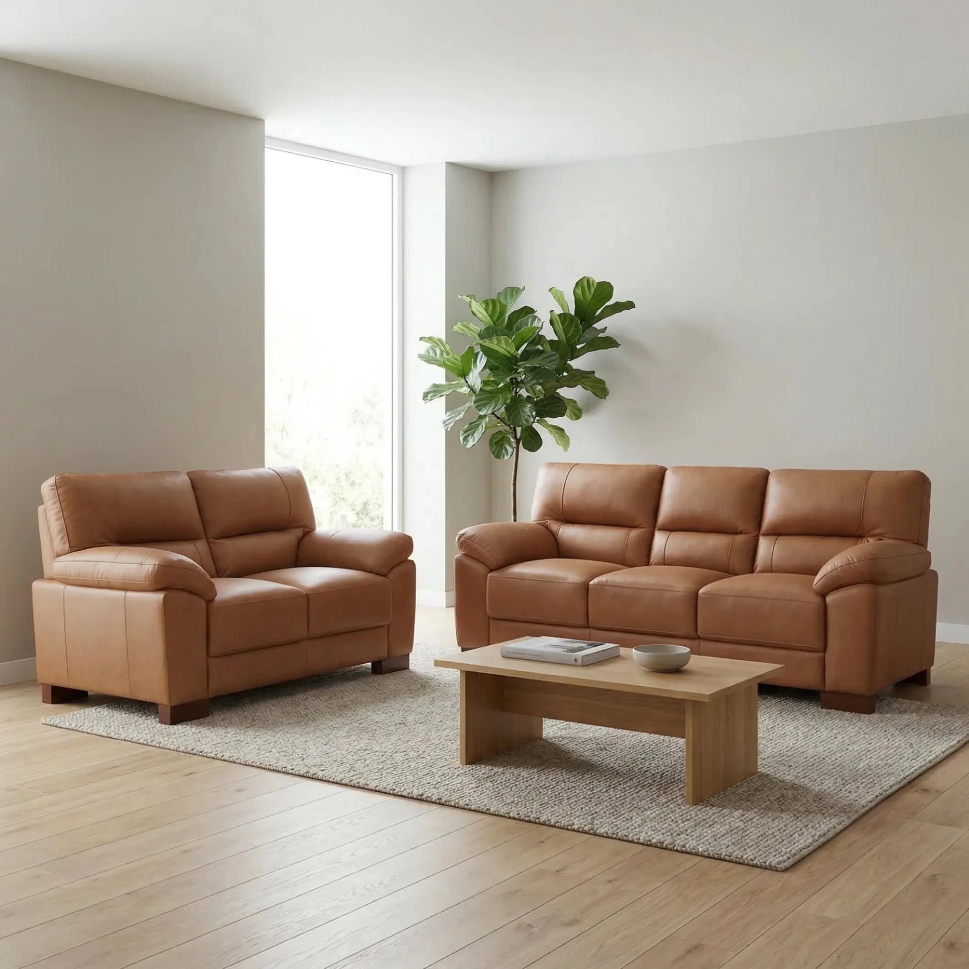 Dalmore Genuine Leather Caramel 3+2 Seater Sofa Set - Furniture Instore