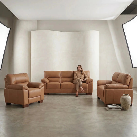 Dalmore Genuine Leather Caramel 3+2+1 Seater Sofa Set - Furniture Instore