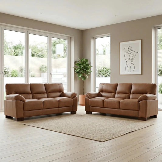 Dalmore Genuine Leather Caramel 3+3 Seater Sofa Set - Furniture Instore