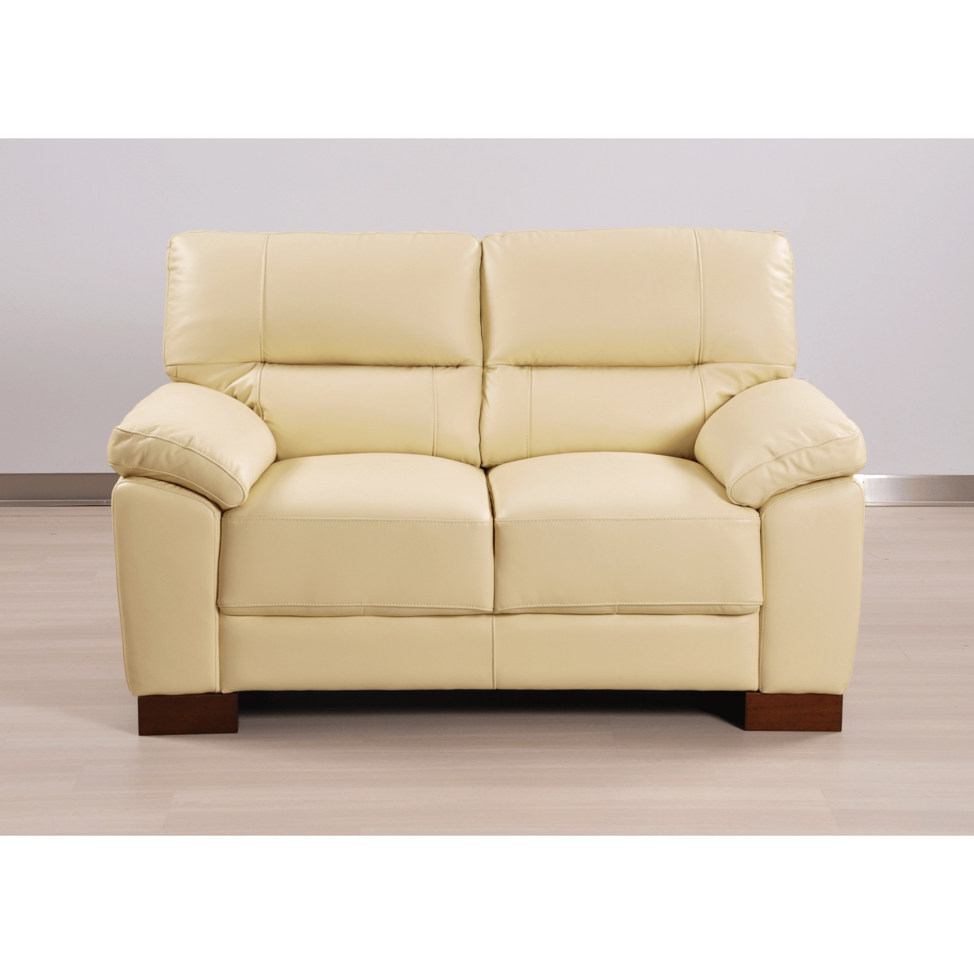 Cream 2-seater sofa front facing in room setting with modern sleek design