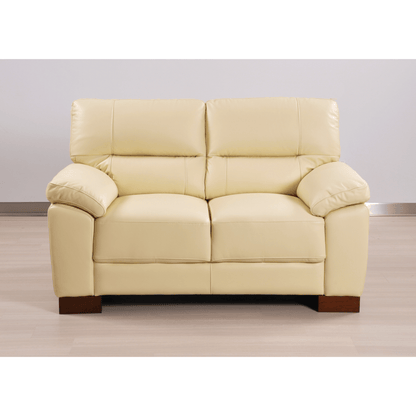 Cream 2-seater sofa front facing in room setting with modern sleek design